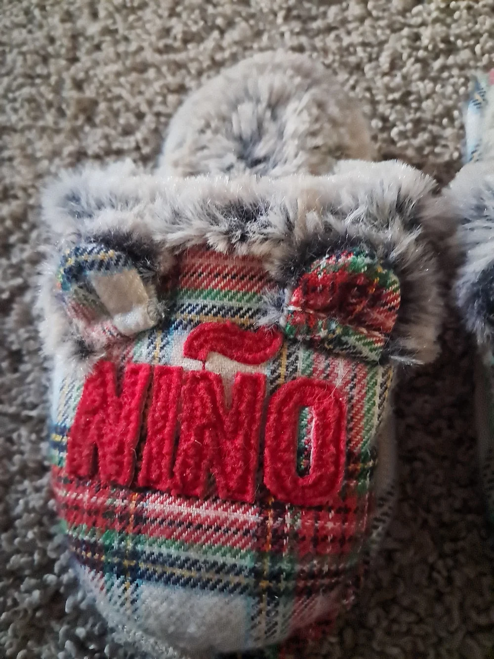 Plaid Faux-Fur Kids Slippers with Embroidered Letters - Red Plaid